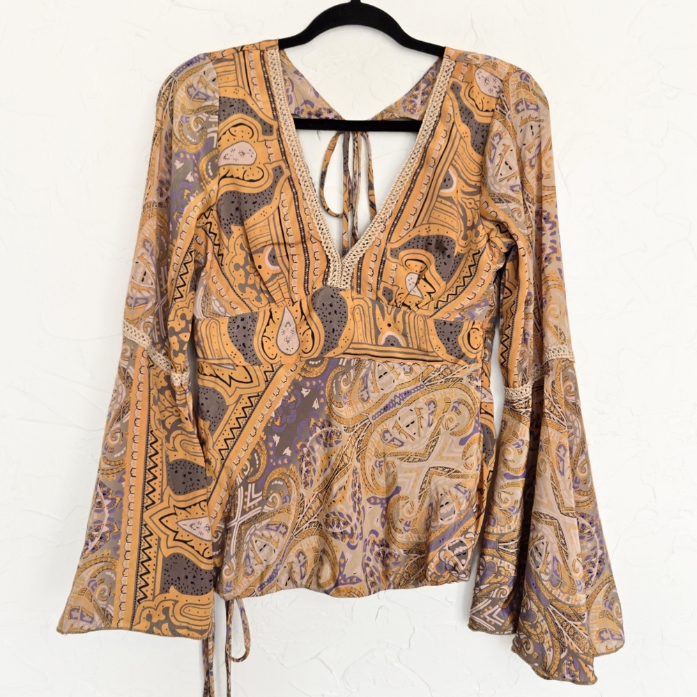 NWT Karma Highway Boho Yellow Bell Sleeve Top, M